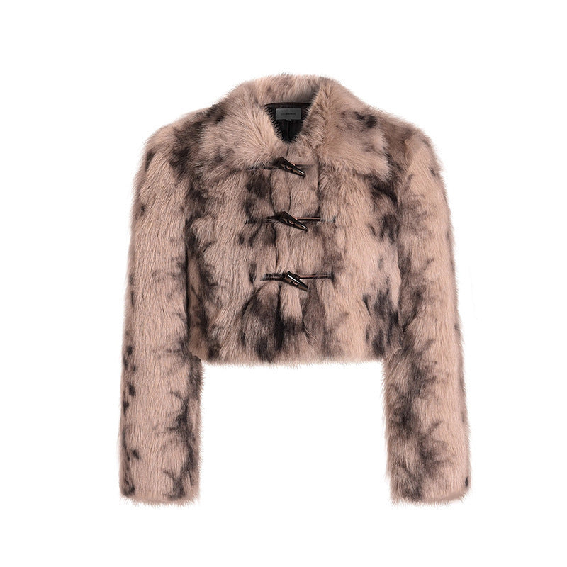 Fashionable Retro Sweet Cool Horn Button Short Leopard Print Faux Fur Coat Women