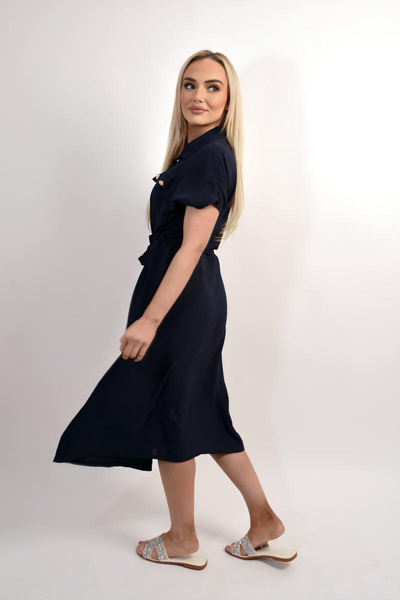 Collared Button Down Short Sleeve Tie Waist Midi Dress