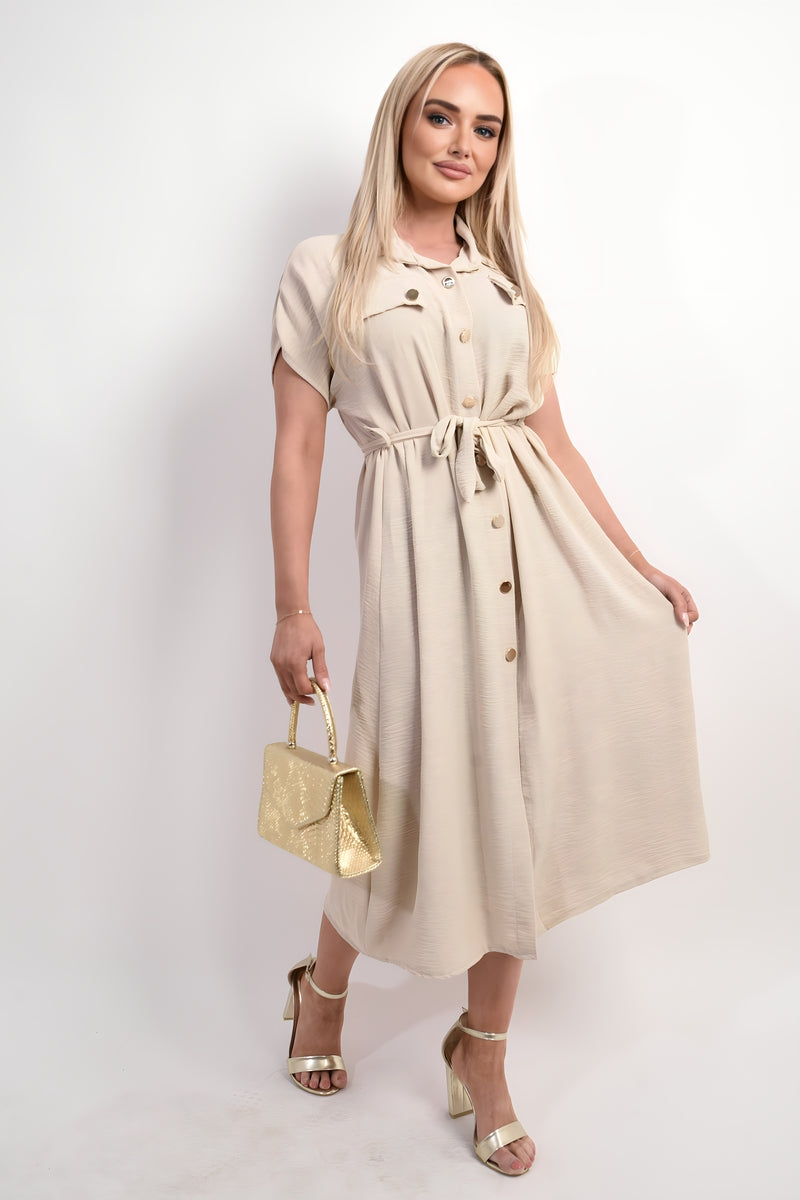 Collared Button Down Short Sleeve Tie Waist Midi Dress