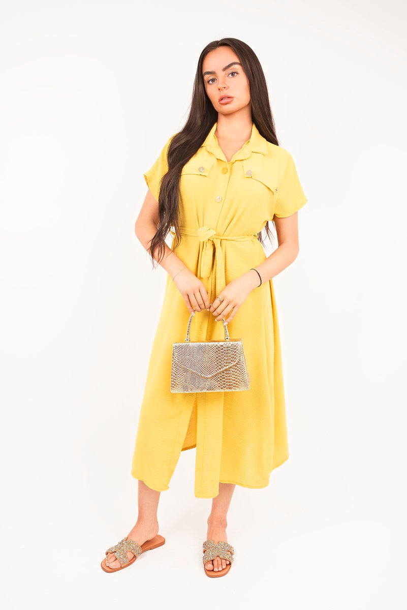 Collared Button Down Short Sleeve Tie Waist Midi Dress