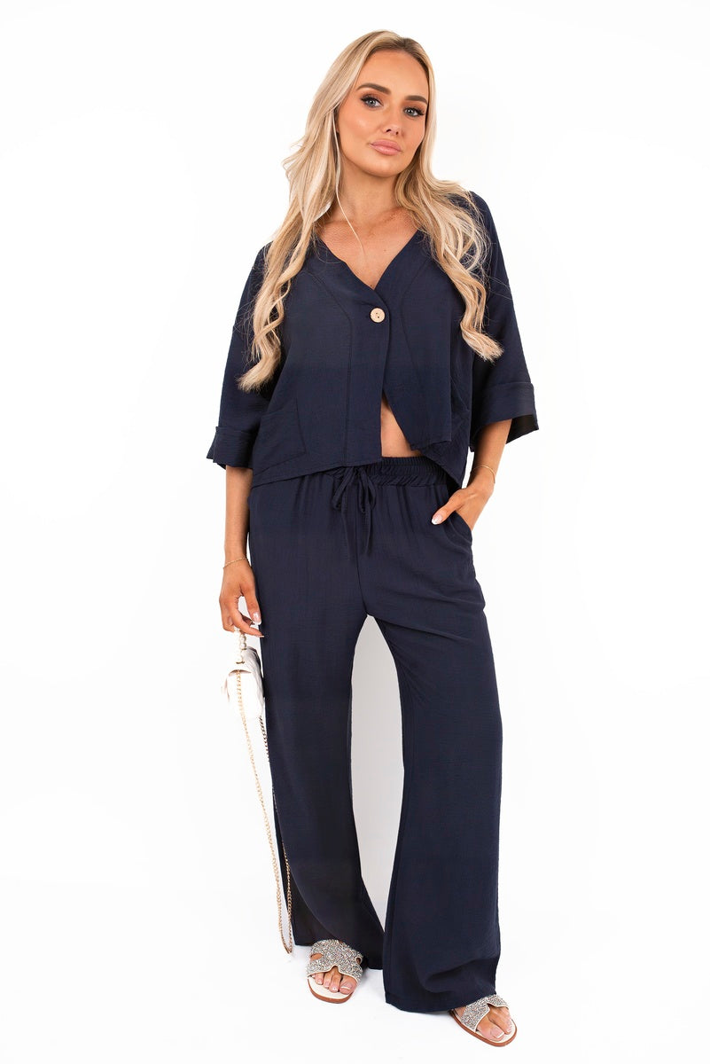 Button Front Wide Sleeve Top and Trouser Co-ord Set