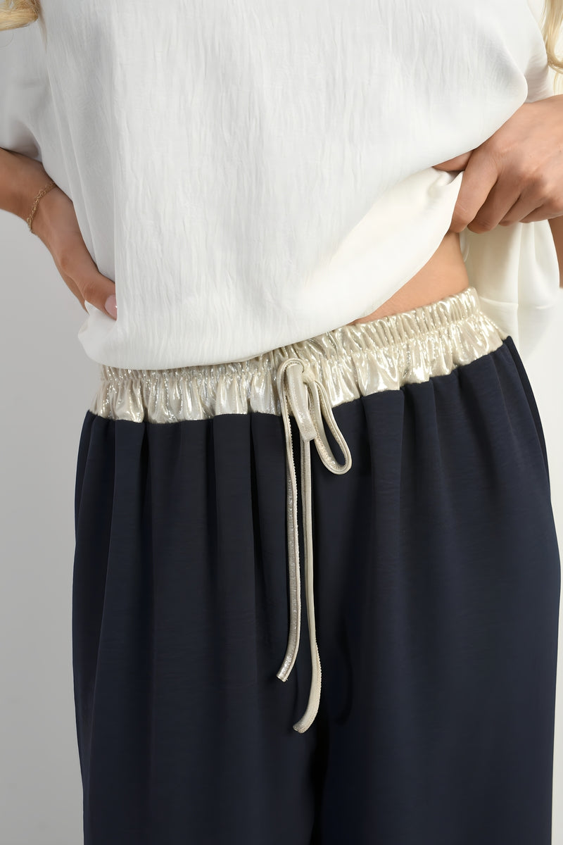 Drawstring Shiny Waist Wide Leg Trouser