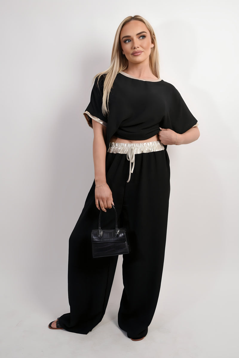 Drawstring Shiny Waist Wide Leg Trouser