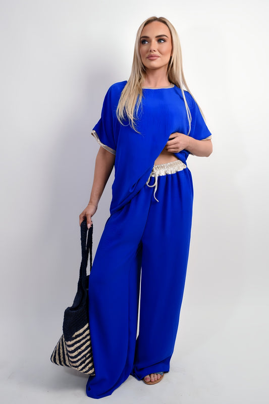 Drawstring Shiny Waist Wide Leg Trouser
