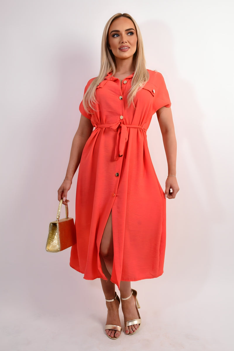 Collared Button Down Short Sleeve Tie Waist Midi Dress