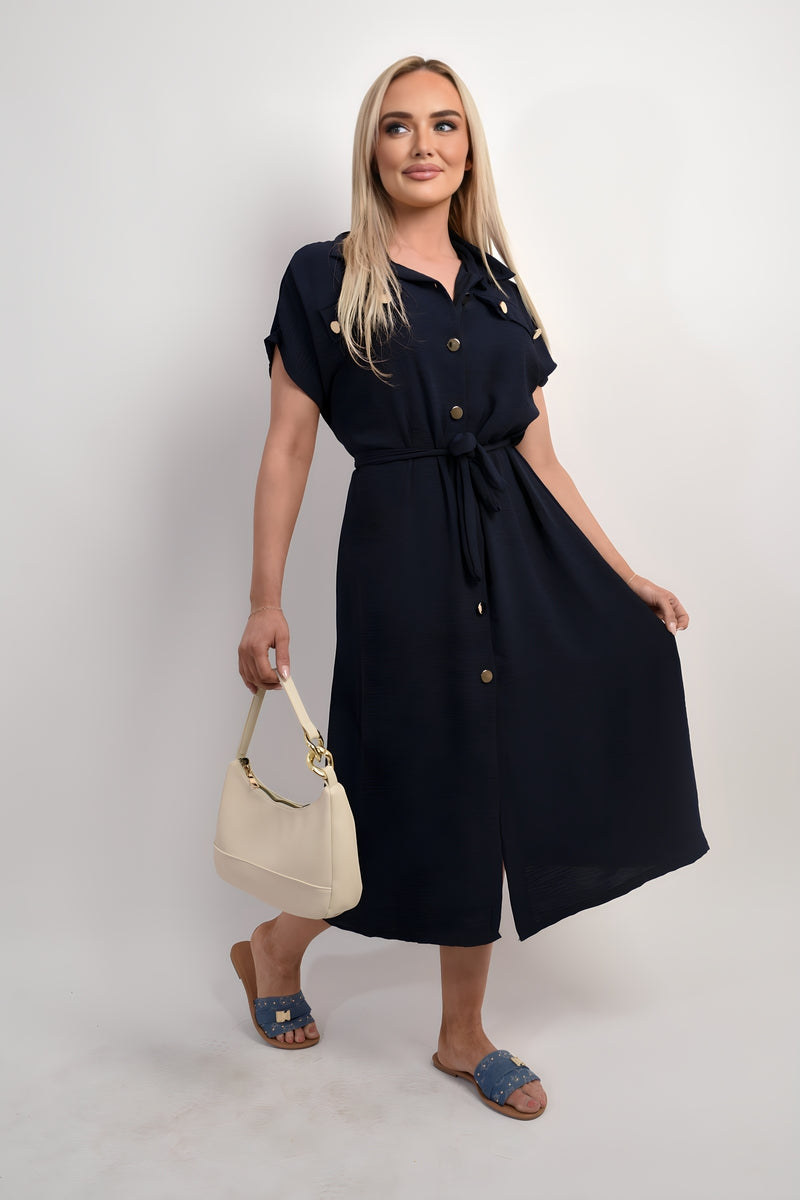 Collared Button Down Short Sleeve Tie Waist Midi Dress