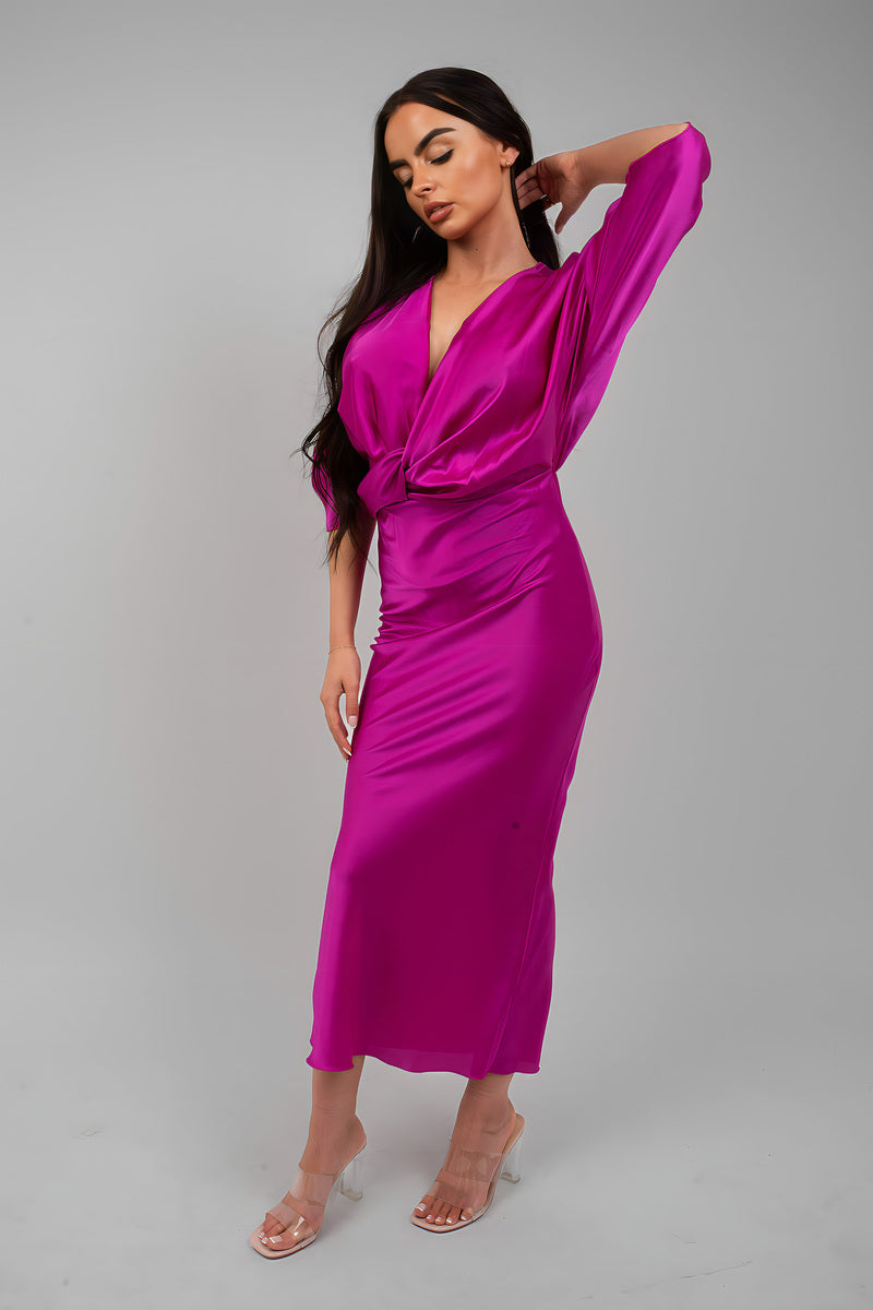 V-Neck Twist Front Midi Dress