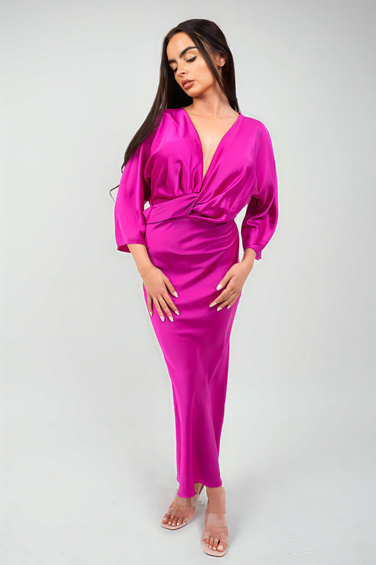V-Neck Twist Front Midi Dress