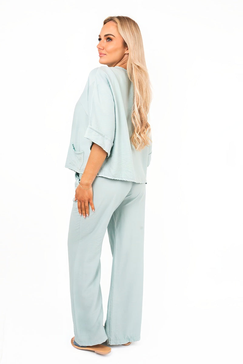 Button Front Wide Sleeve Top and Trouser Co-ord Set
