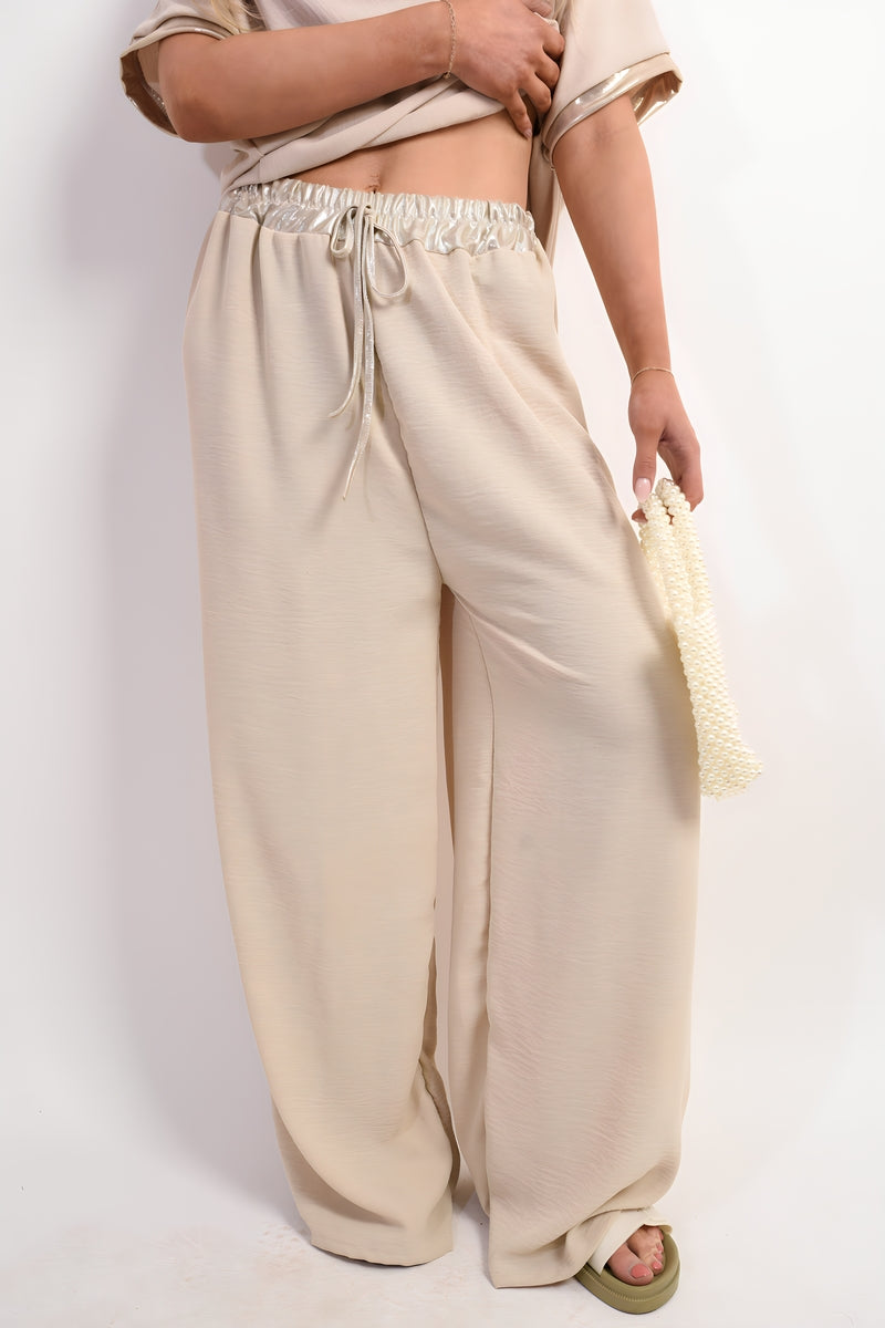 Drawstring Shiny Waist Wide Leg Trouser